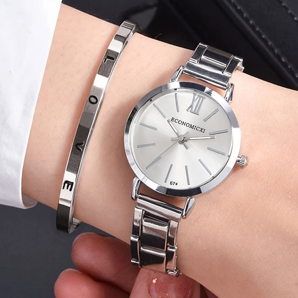 Women's Hip-Hop Golden Quartz Watch & Love Bangle Set