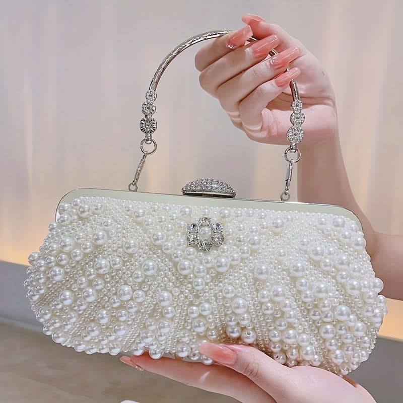 White Pearl Diamond Shell Clutch – Chain Strap