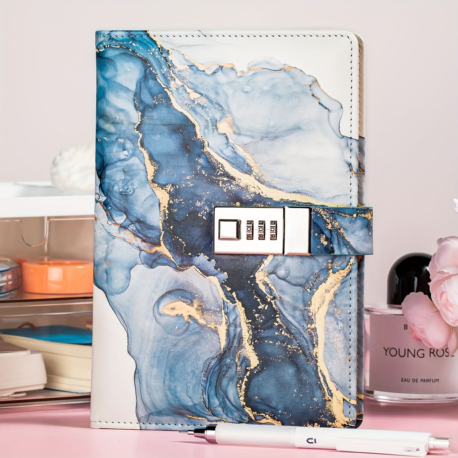 A6 Lockable Diary Notebook with Combination Lock – Blue Marble Wooden Cover