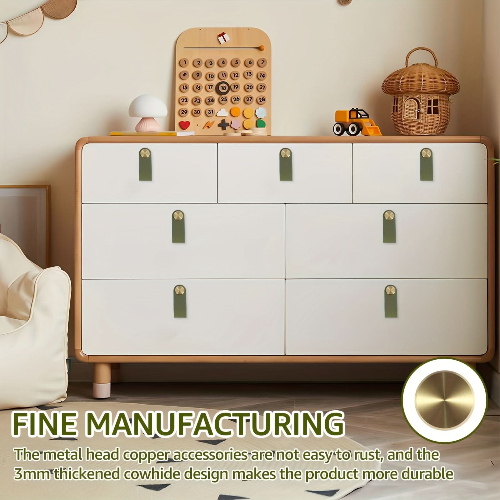 6-Pack Leather Drawer Pulls – Thickened Cabinet Handles with Brass Accents
