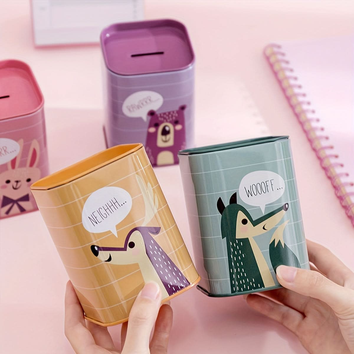 Cartoon Animal Square Iron Penny Bank – British Style Coin Storage for Baby Gifts