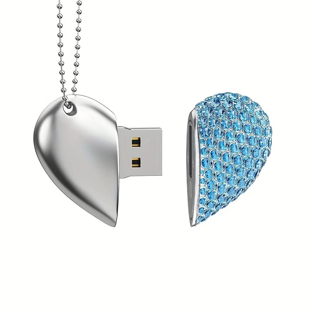 64GB Heart-Shaped Crystal USB Drive – Blue
