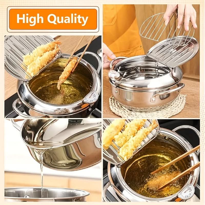 2.2L Stainless Steel Deep Fryer with Lid – Non-Electric, High-Temperature Resistant