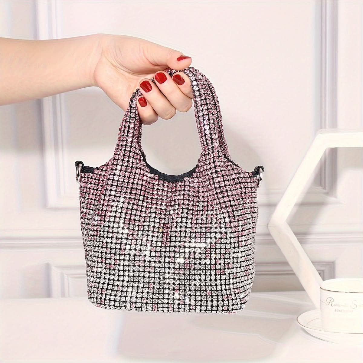 Shiny Rhinestone Bucket Bag with Chain Strap
