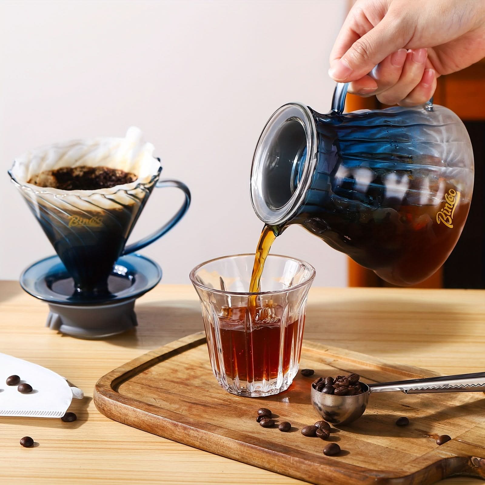 600ml Glass V60 Coffee Maker Set – Pour Over Coffee Dripper with Wood Stand