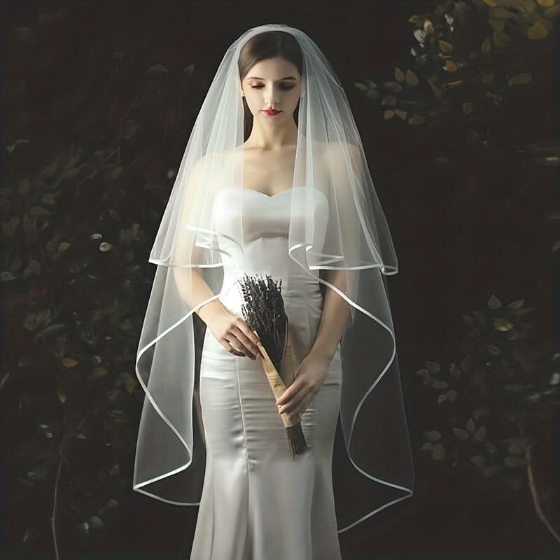 Vintage Double Layer Bridal Veil with Satin Edging – Elegant Wedding Accessory for Brides