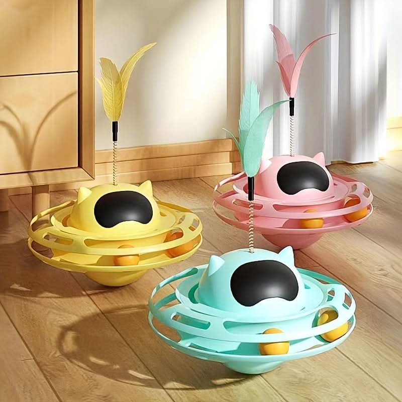 Interactive UFO Cat Toy with Feather Teaser– Non-Tipping Self-Play Pet Toy