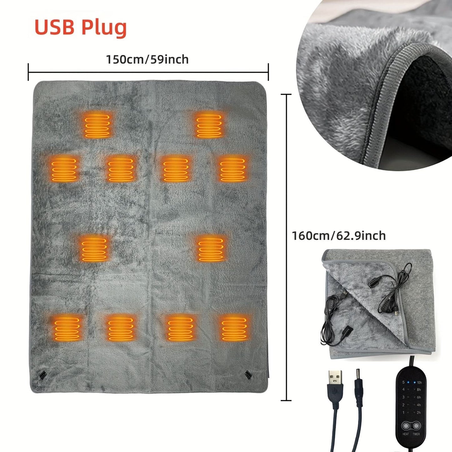 USB Electric Heated Blanket with 5 Temperature Settings