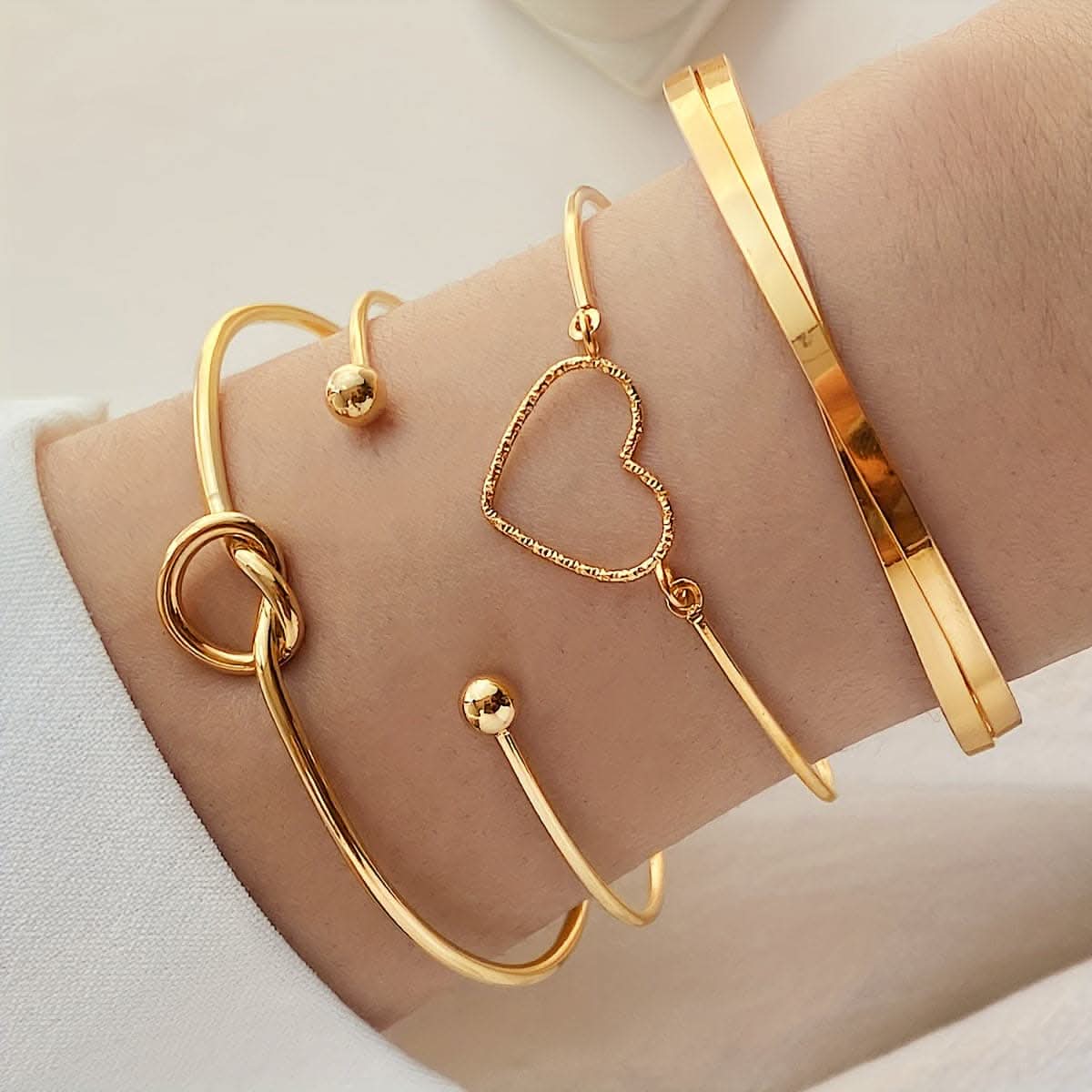 4pcs Golden Knotted Love Cuff Bangle Set – Stackable Alloy Bracelets