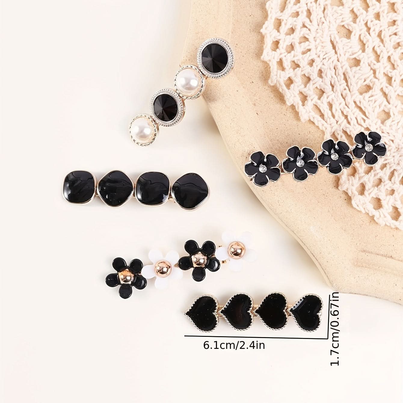 5pcs Black Heart Flower Pearl Hair Clips - Elegant Women's Hair Accessories