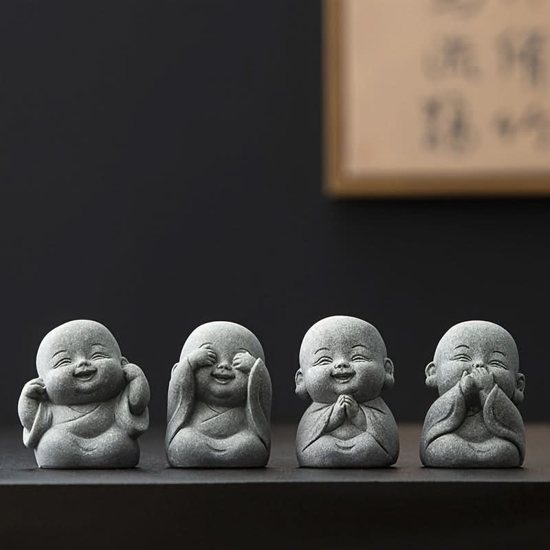 Set of 4 Mini Monk Figurines – Cute Resin Tea Pets & Home Decor