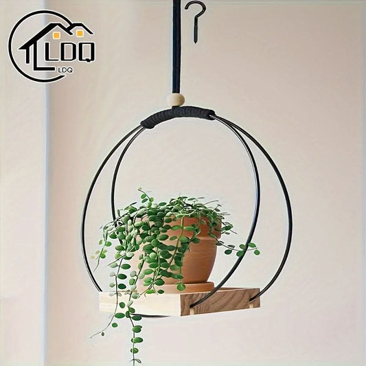 LDQ Black Metal Macrame Plant Hanger with Wood Base
