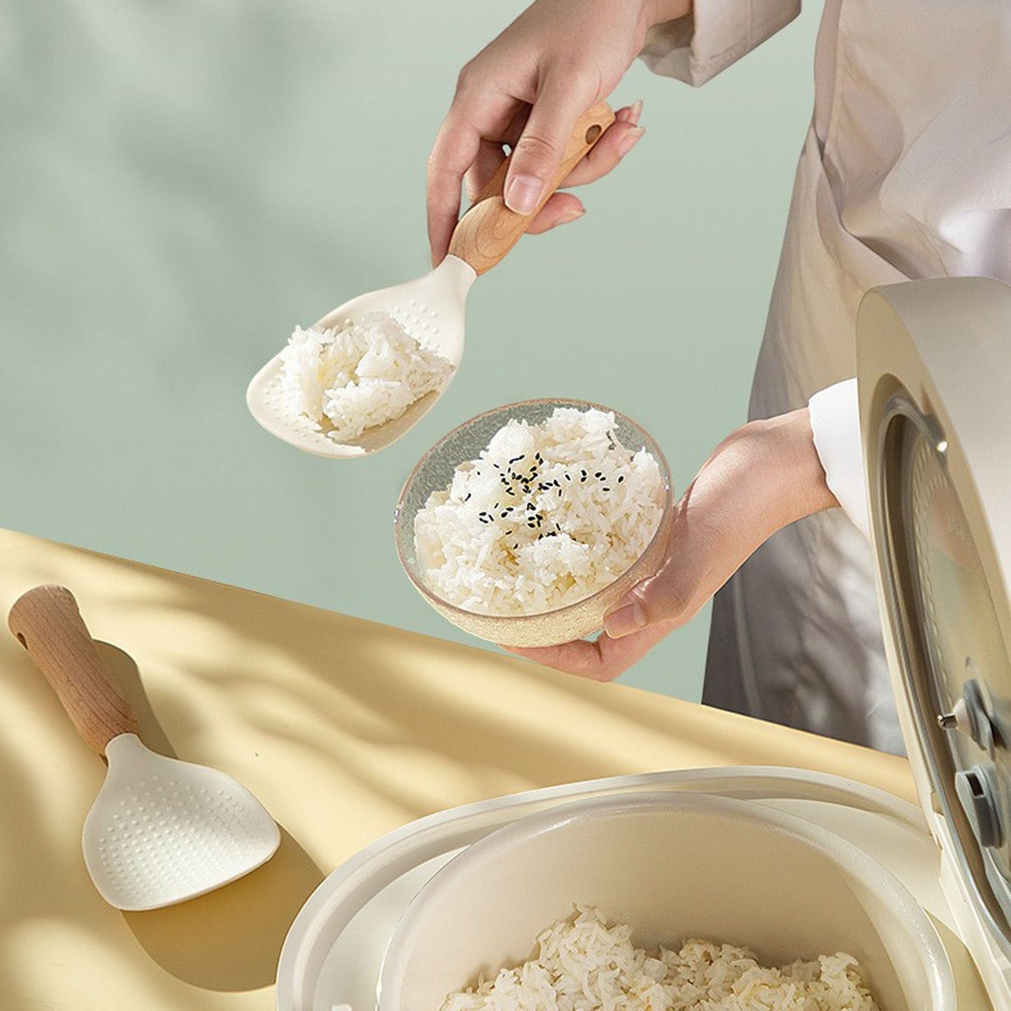 Premium Silicone Rice Spoon with Wooden Handle – Non-Stick & Heat-Resistant
