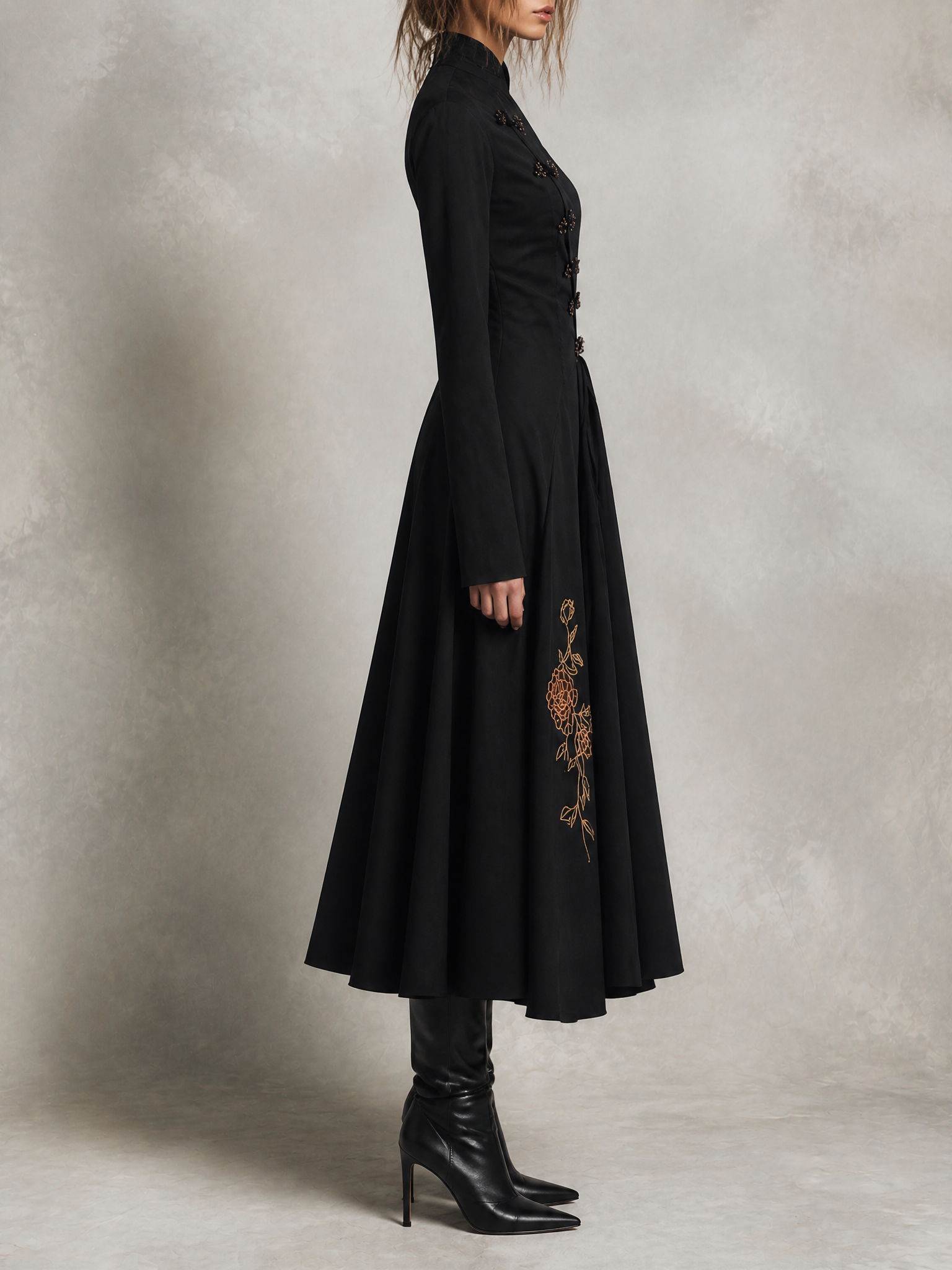 Black Mandarin Collar Embroidered Midi Dress