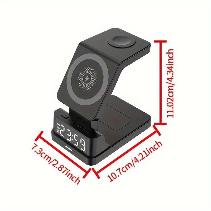 4-in-1 Magnetic Wireless Charging Stand with Digital Clock - Type-C USB