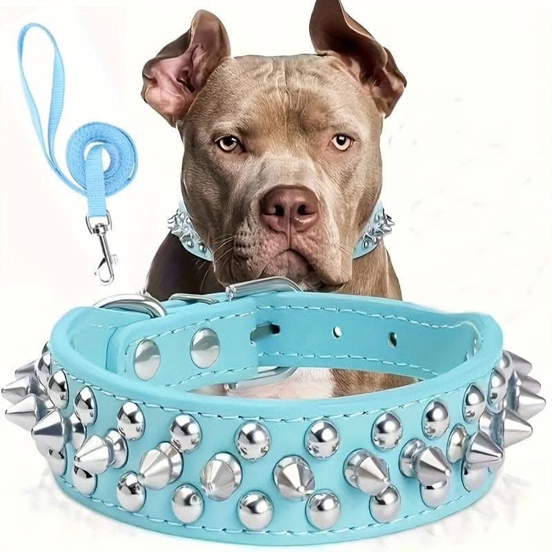 Adjustable Leather Spiked Dog Collar Set