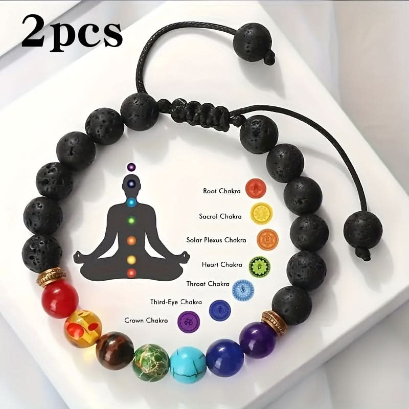 7 Chakra Lava Stone Healing Bracelets, Adjustable Pair