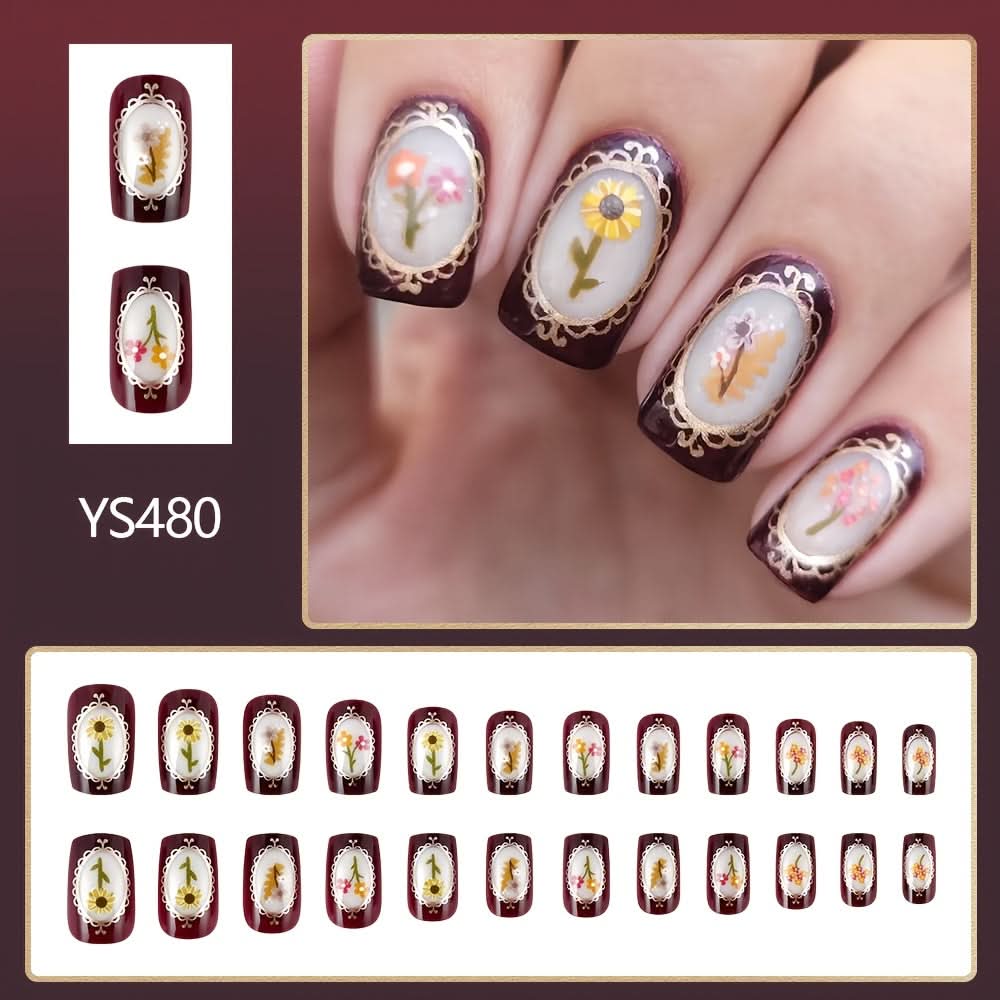 24 Pcs Luxury Floral Press-On Nails Set – Short Square Glossy Fake Nails