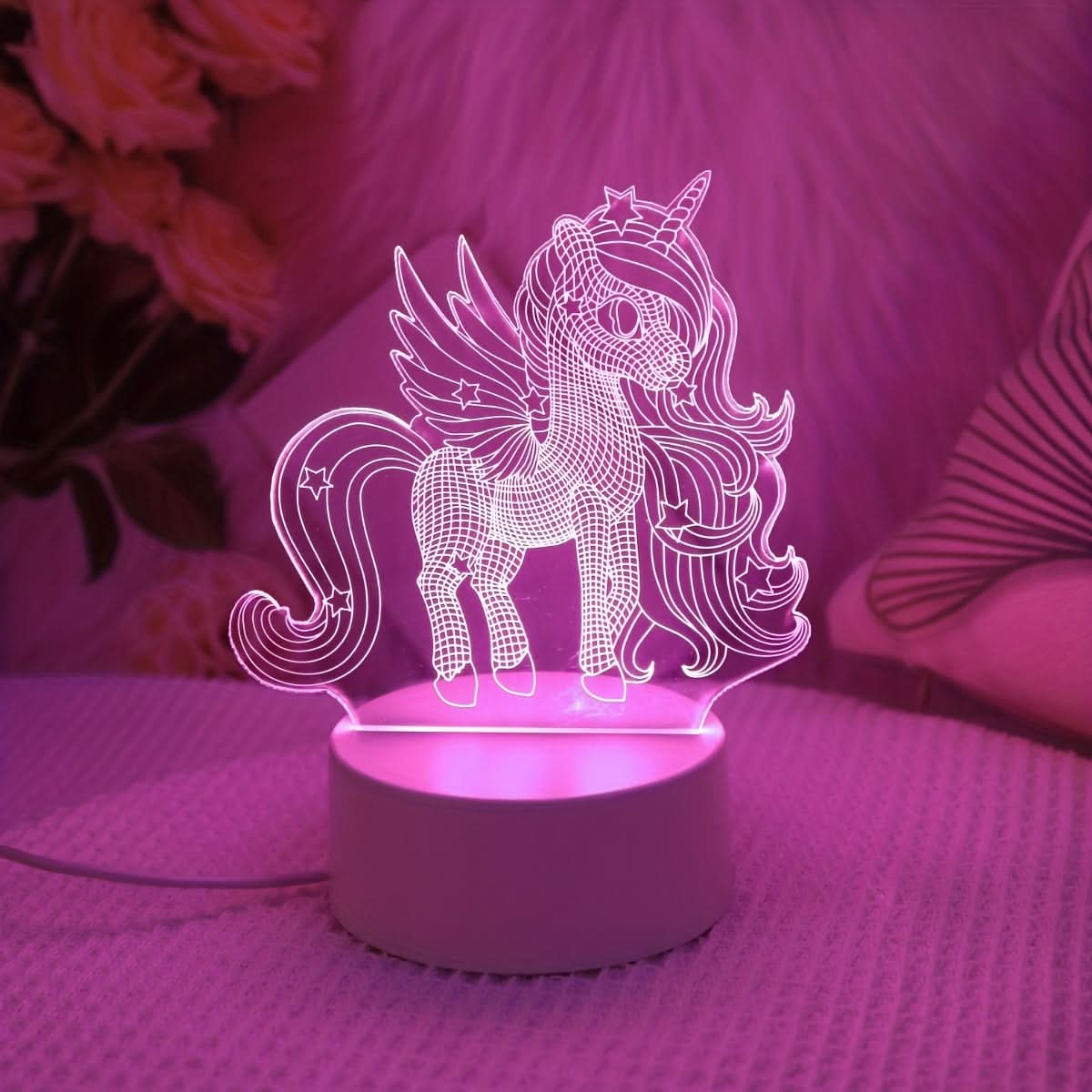 3D Unicorn Night Light - USB Powered Pink LED Lamp