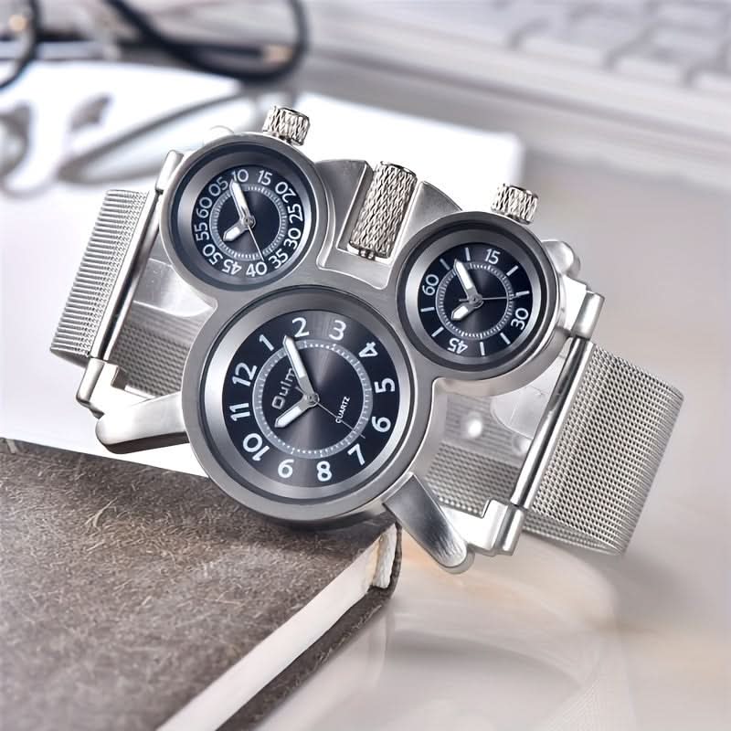 Men’s Multi-Time Zone Quartz Watch – 3 Dials, Stainless Steel Mesh Band