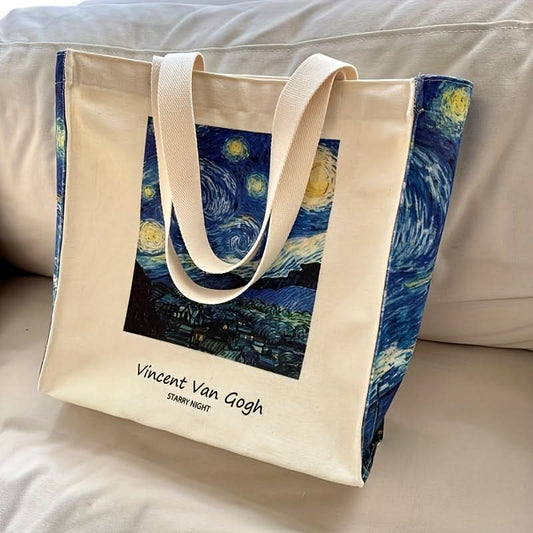 Starry Sky Vintage Oil Painting Zipper Tote Bag
