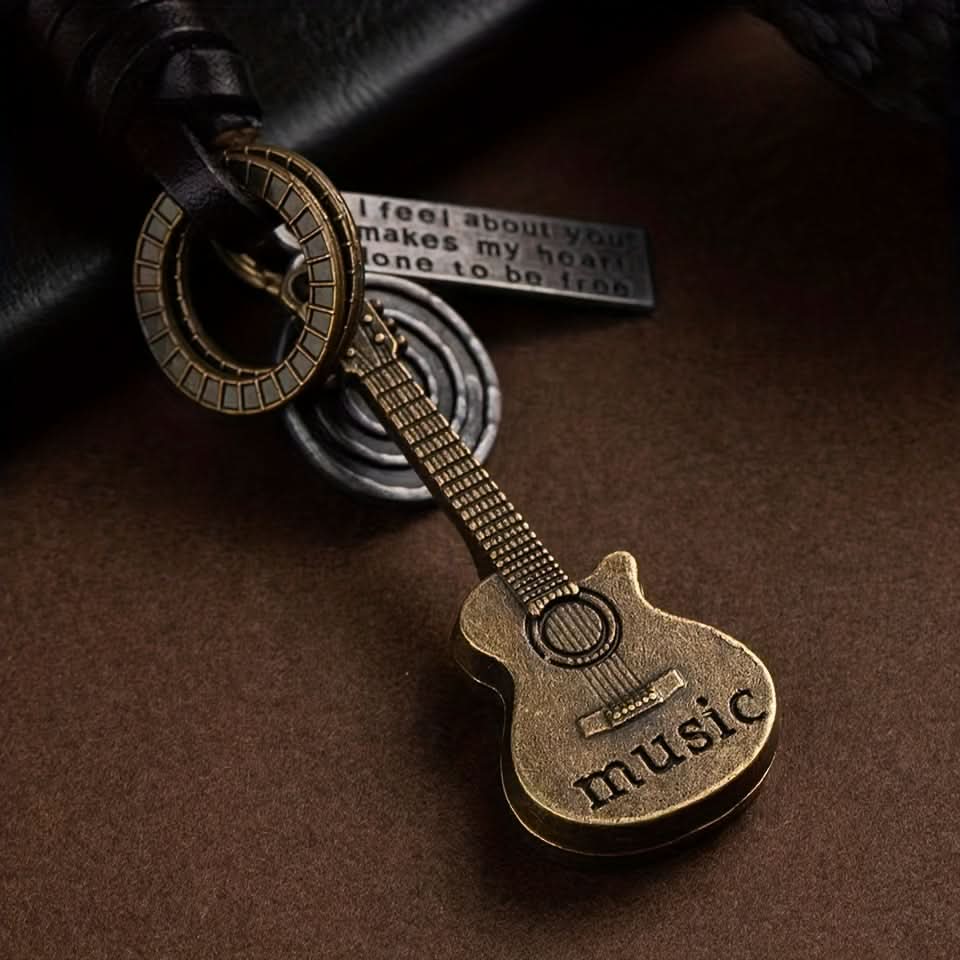 Retro Guitar Leather Keychain - Stylish Braided Cowhide Pendant for Men
