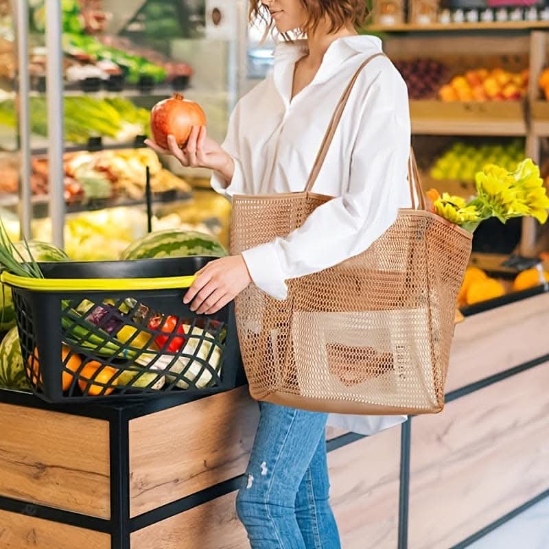 Stylish Women Woven Mesh Tote Bag - with Secure Zipper