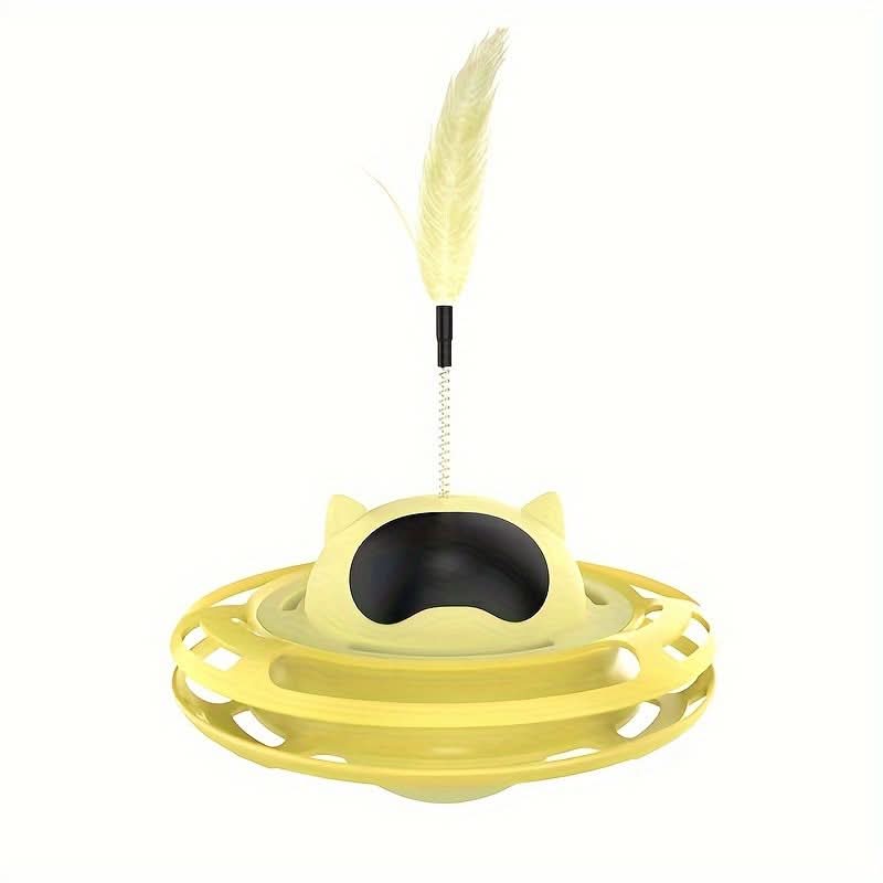 Interactive UFO Cat Toy with Feather Teaser– Non-Tipping Self-Play Pet Toy