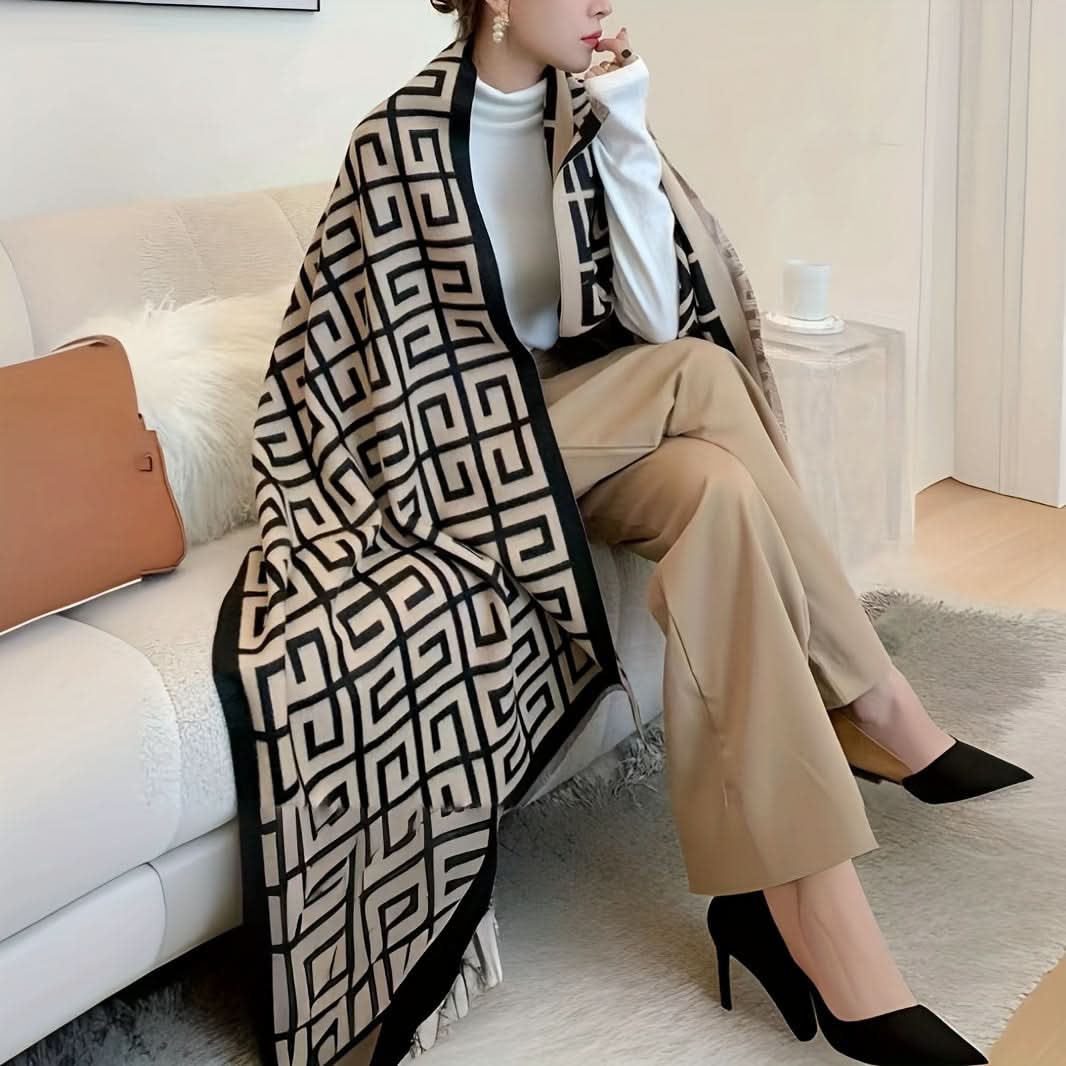 Luxurious Double G Jacquard Scarf – Soft Fringe Shawl