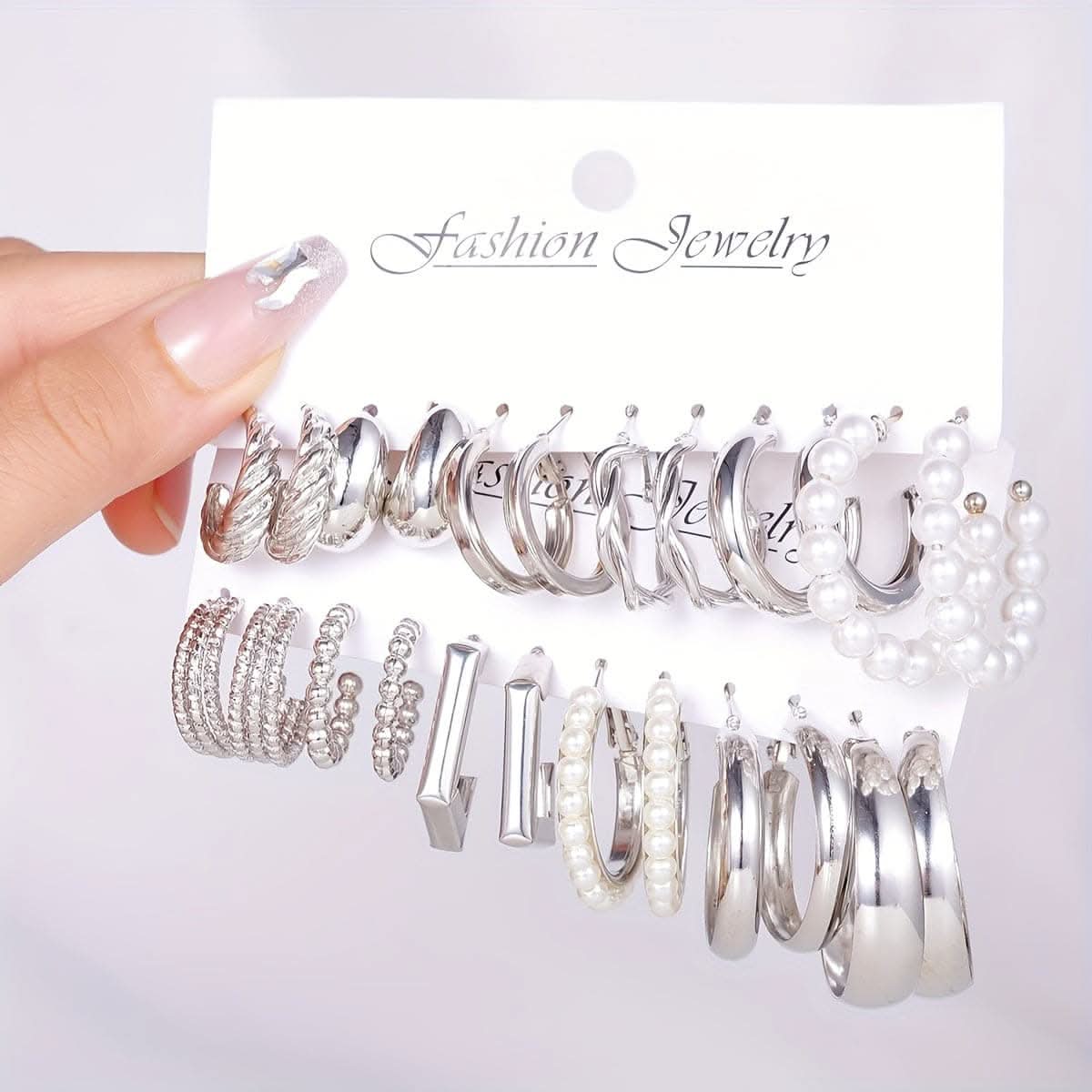 12 Pairs Chic Geometric & Faux Pearl Hoop Earrings Set