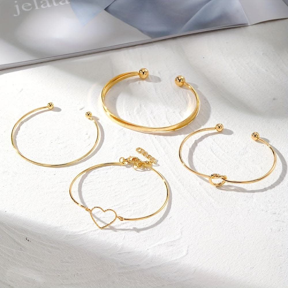 4pcs Golden Knotted Love Cuff Bangle Set – Stackable Alloy Bracelets