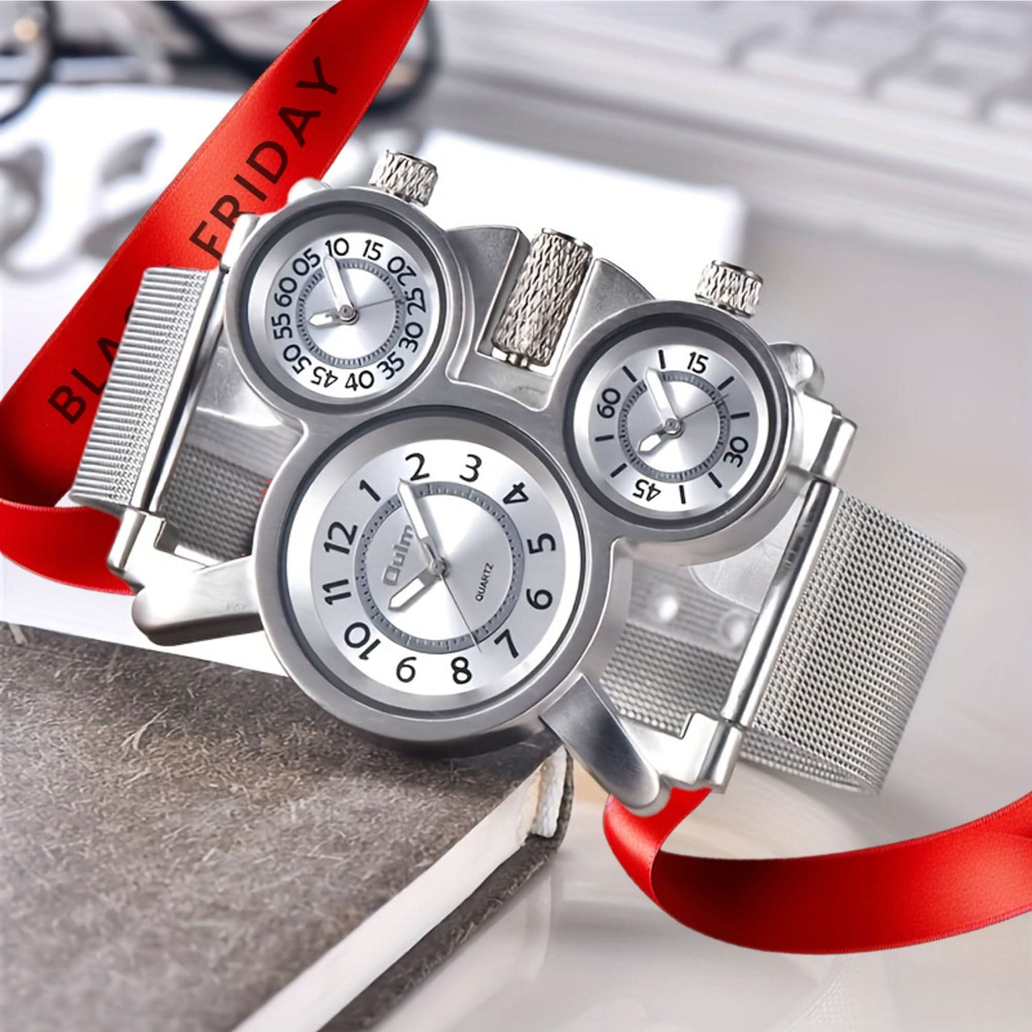 Men’s Multi-Time Zone Quartz Watch – 3 Dials, Stainless Steel Mesh Band