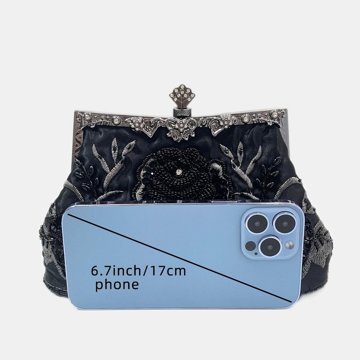 Vintage Floral Beaded Clutch, Satin Evening Bag