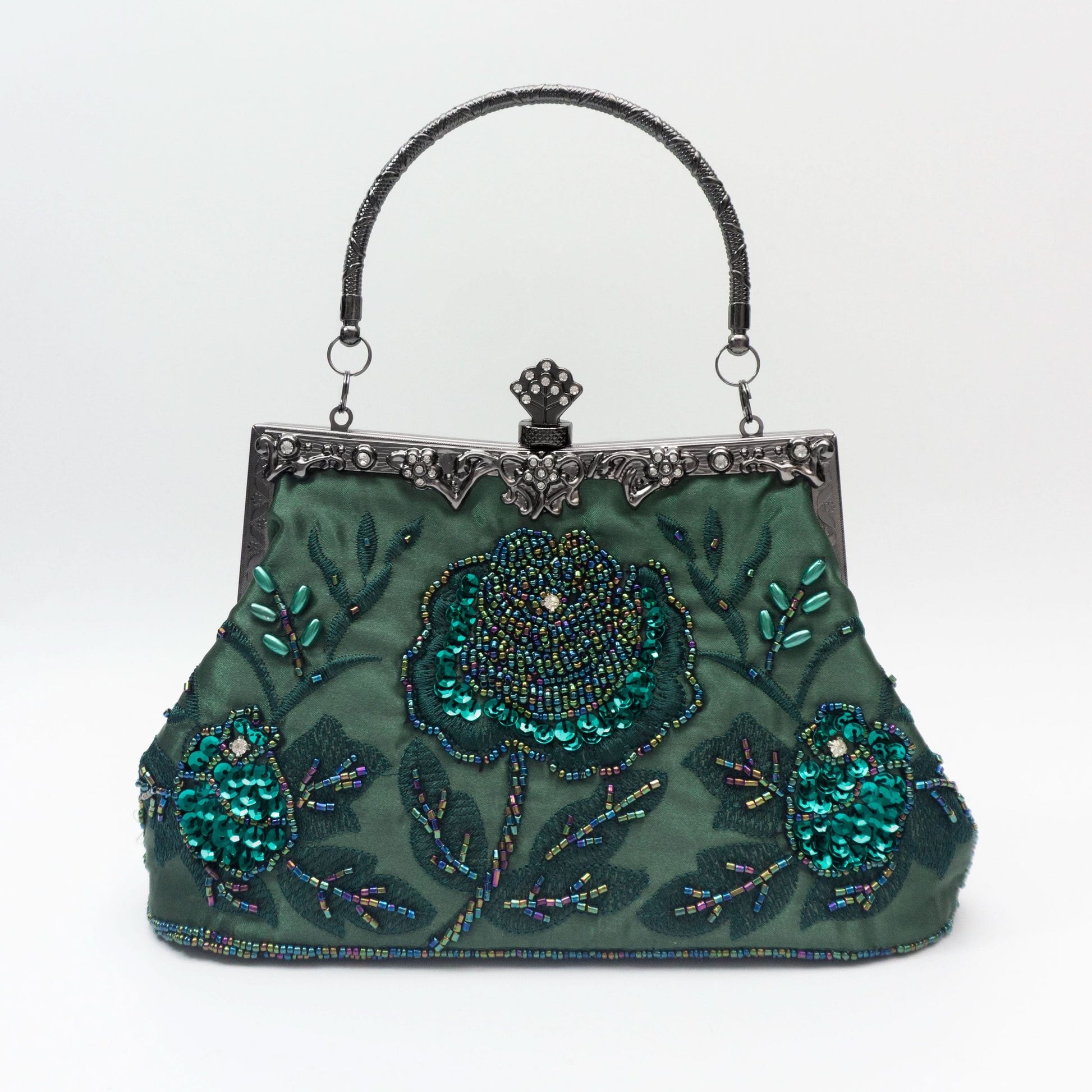 Vintage Floral Beaded Clutch, Satin Evening Bag