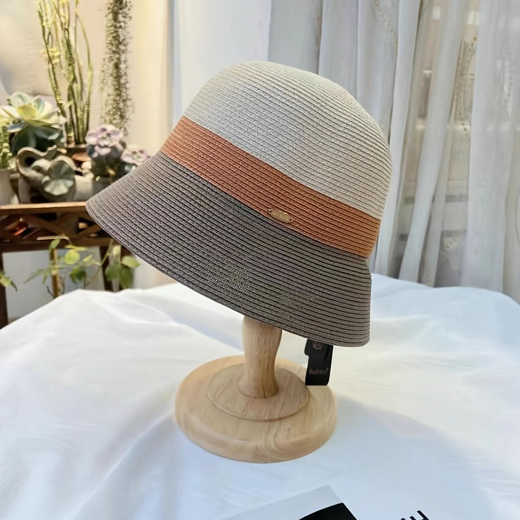 Women’s Foldable Straw Bucket Hat – Tricolor Summer Beach Hat, Sun Protection