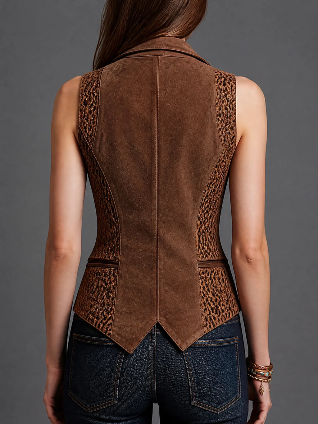 Brown Suede Leopard Panel Tailored Vest