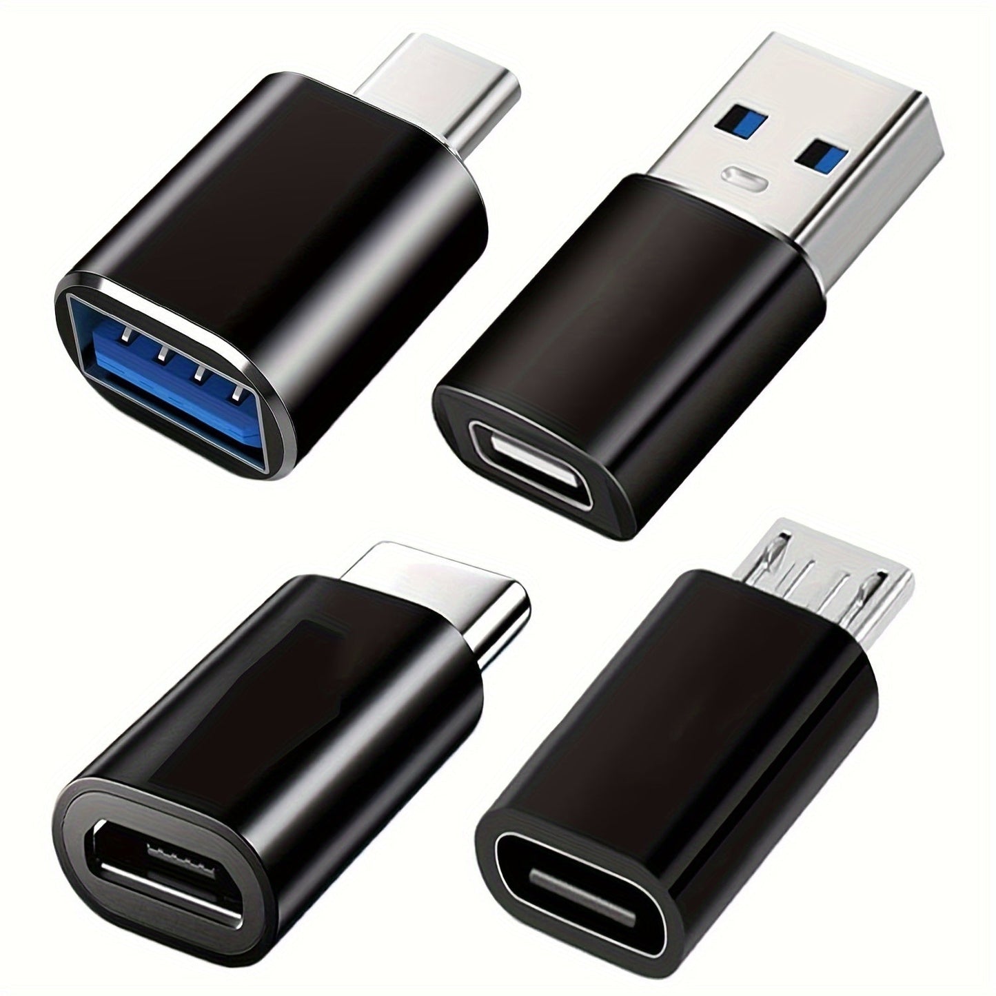 4-Pack USB-C Adapter Set – USB 3.0 OTG & Micro USB to USB-C, Ferrous Metal Finish, Universal Compatibility