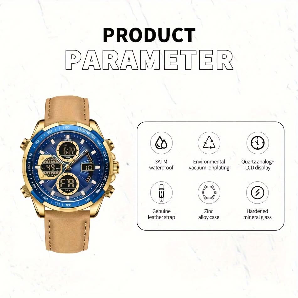 Men's Sports Dual Display Quartz Watch, Waterproof, Leather Strap
