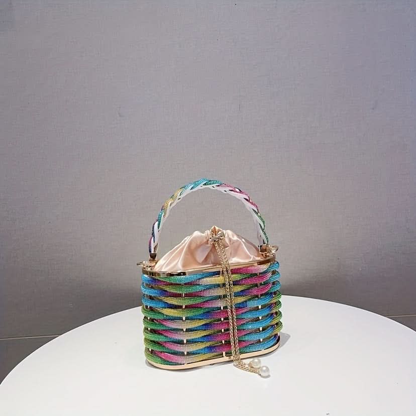Colorful Rhinestone Drawstring Evening Bag, Chain Purse