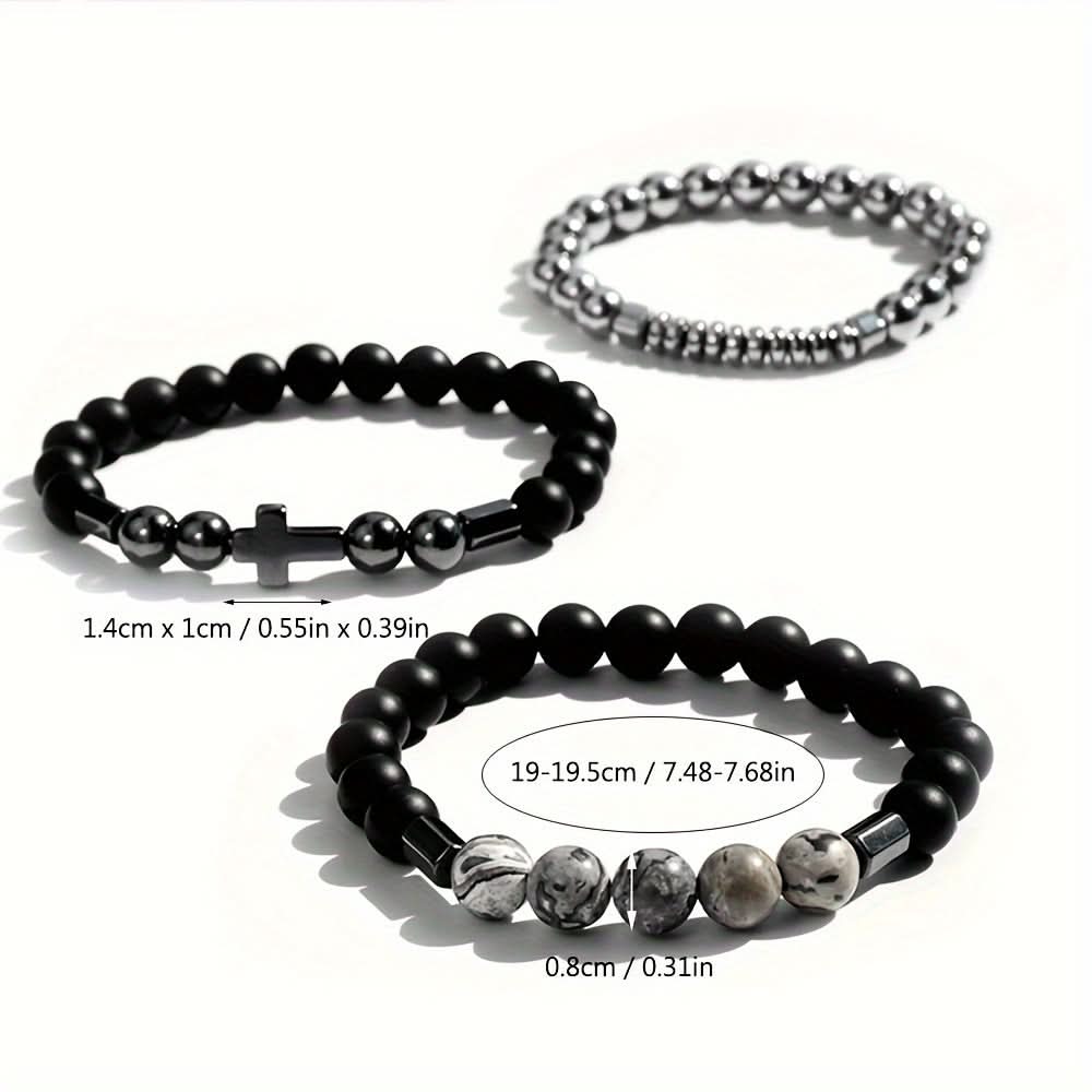 3-Piece Men's Black Gallstone Cross Bracelet Set