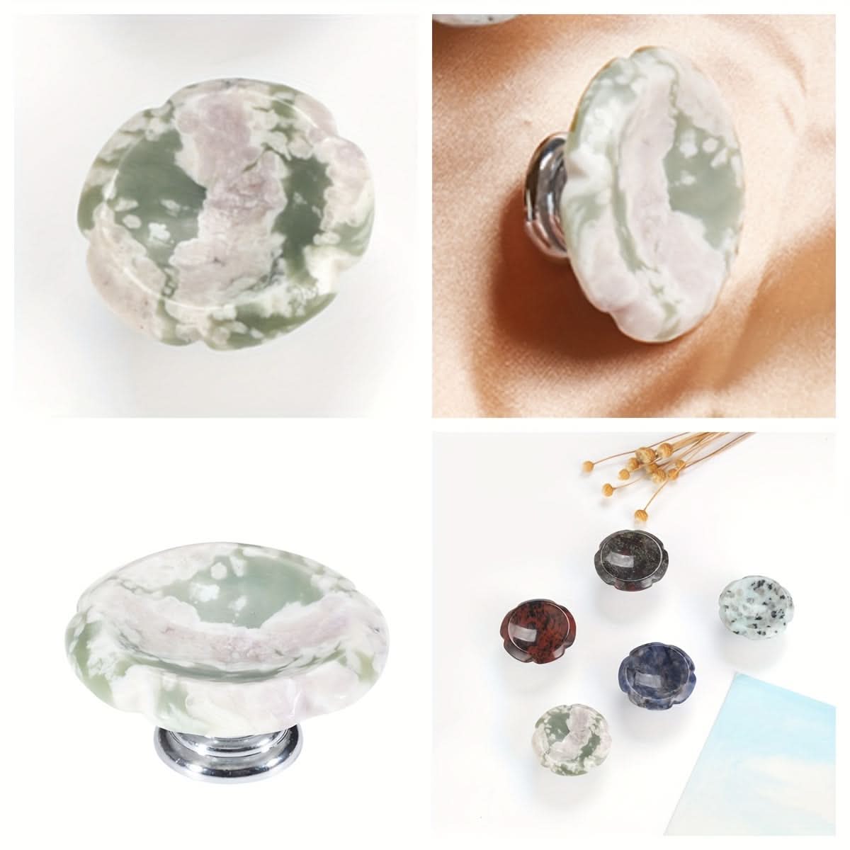 6-Pack Stone Flower Cabinet Handles – Round Aluminum Base with Natural Relief Stone Design