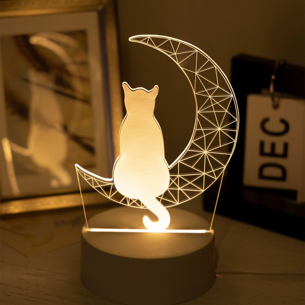 Whimsical 3D Glowing Moon Cat Night Light - USB Powered Table Lamp