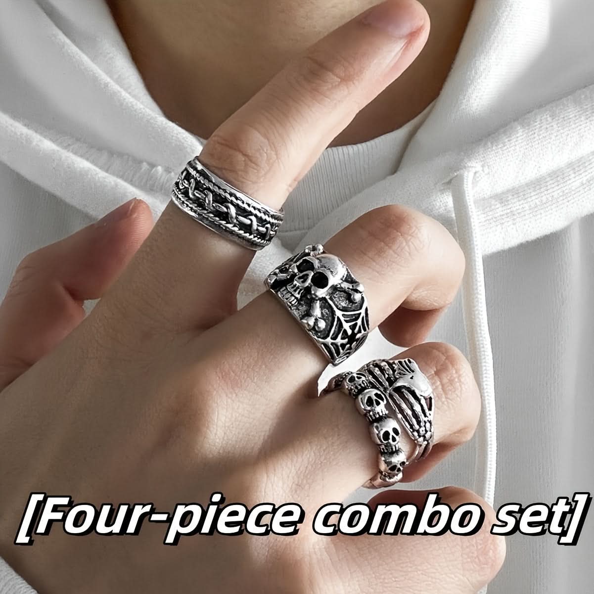 4-Piece Gothic Skull Punk Metal Rings
