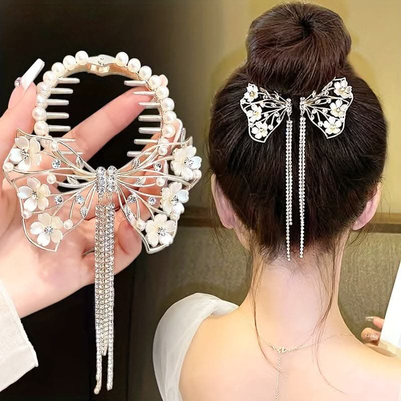 Luxurious Butterfly Flower Hair Clip – Alloy, Pearl & Rhinestone Design