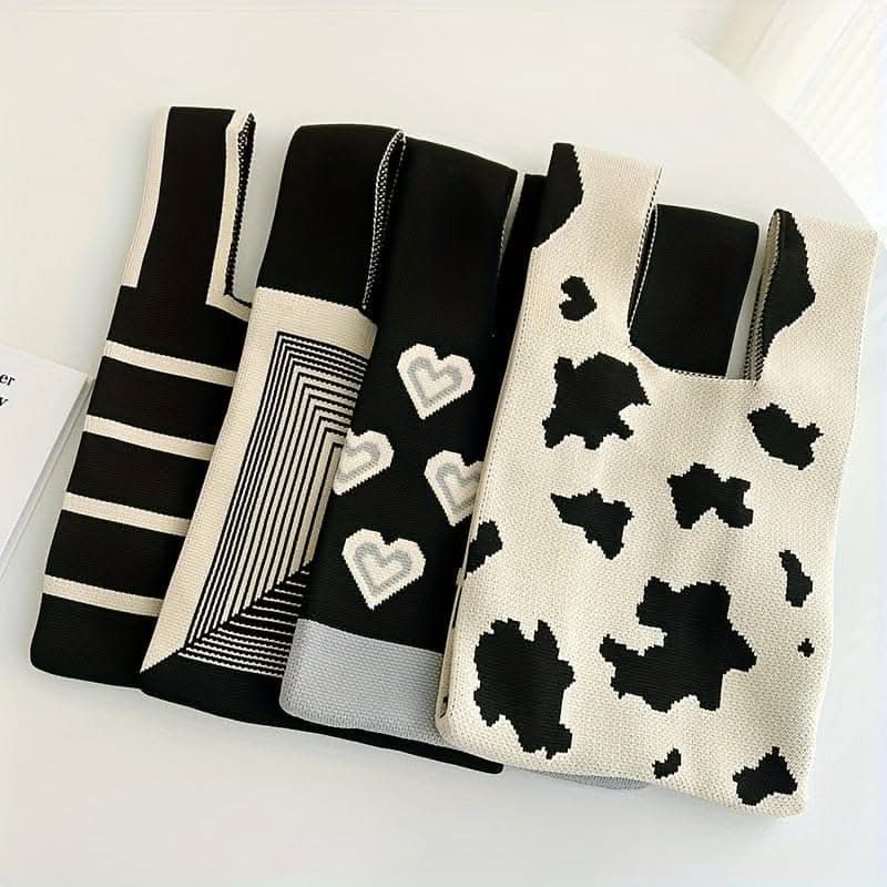 Stylish Black & White Heart Knitted Hobo Bag