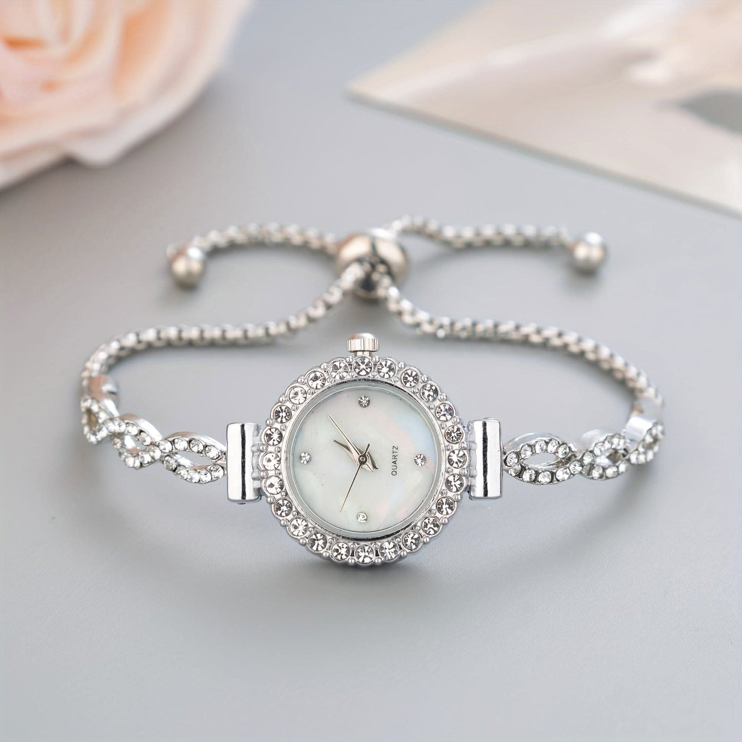 Luxury Women's Rhinestone Quartz Bracelet Watch – Elegant Iridescent Dial