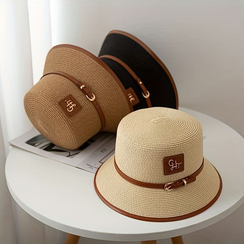 Women’s Straw Fedora Hat – Short Brim Sun Hat with Faux Leather Belt