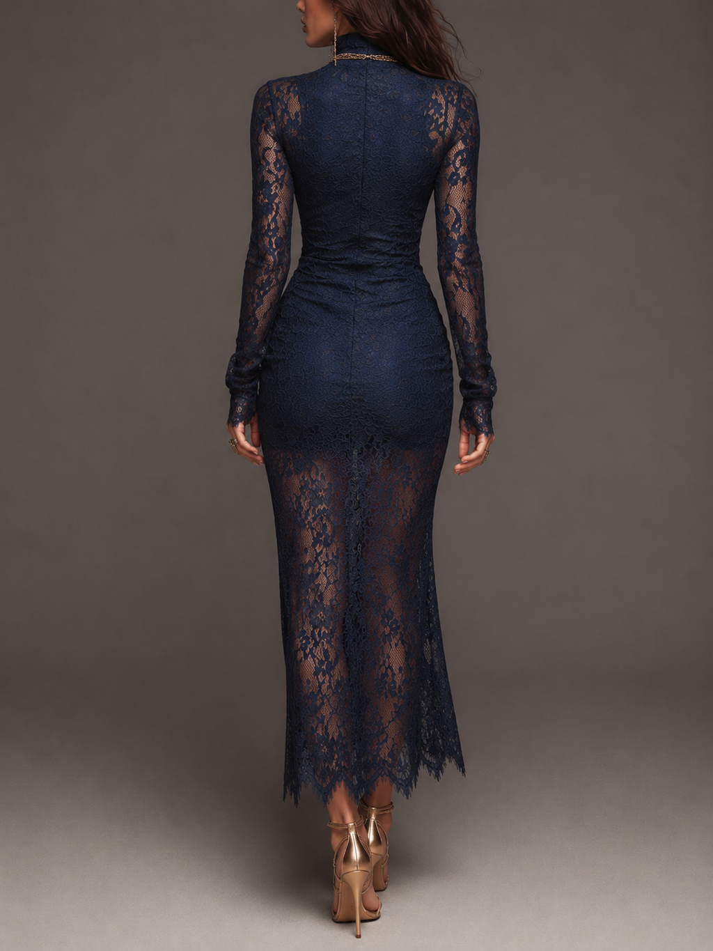 Romantic Bohemian High Neck Long Sleeve Ruched Side High Slit Scalloped Floral Lace Midi Bodycon Dress