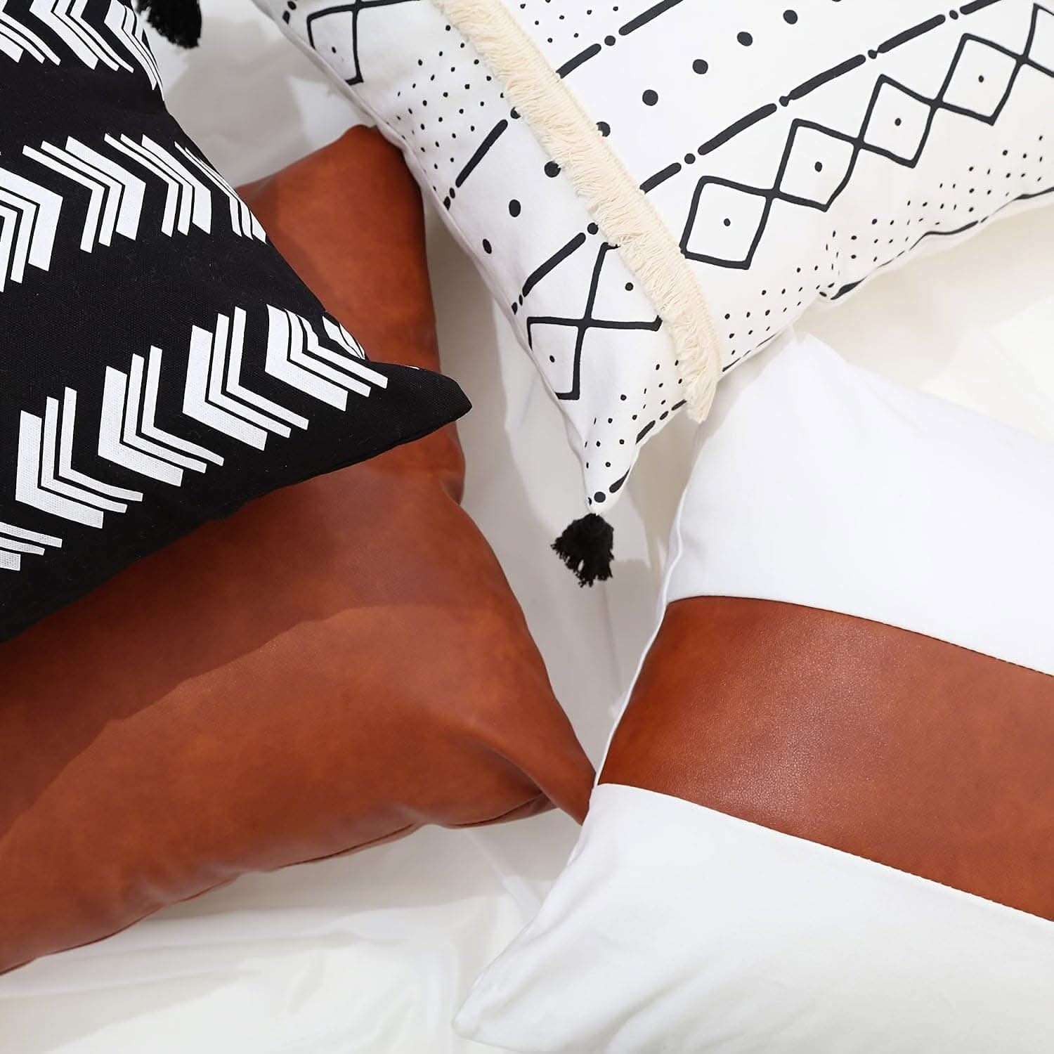 Set of 4 Luxurious Faux Leather Boho Throw Pillow Covers