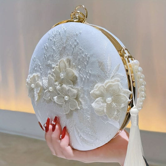 Floral Embroidery Round Clutch for Weddings